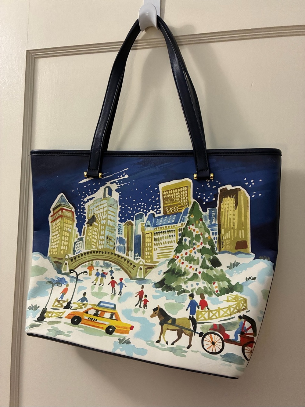 Talbots Navy and Gold Cityscape Holiday Tote
